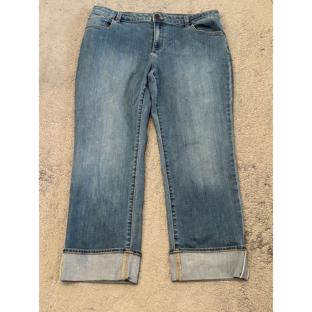 Susan Graver Jeans Womens 14P Petite Capri Medium Wash Blue Denim Selvedge Cuff